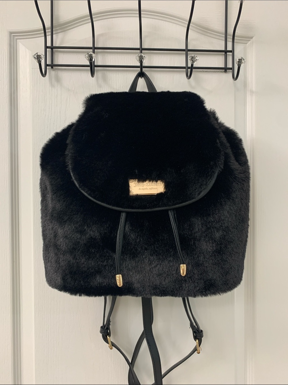Juicy Couture Black Faux Fur Backpack with Gold Accents